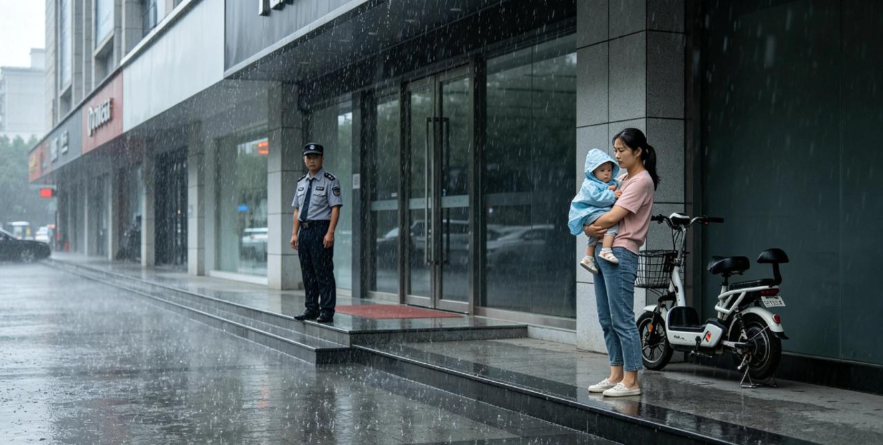 暴雨天，
宝妈带娃躲雨
被保安赶进大雨🌧️中，
只因电动车“影响美观”。

孩