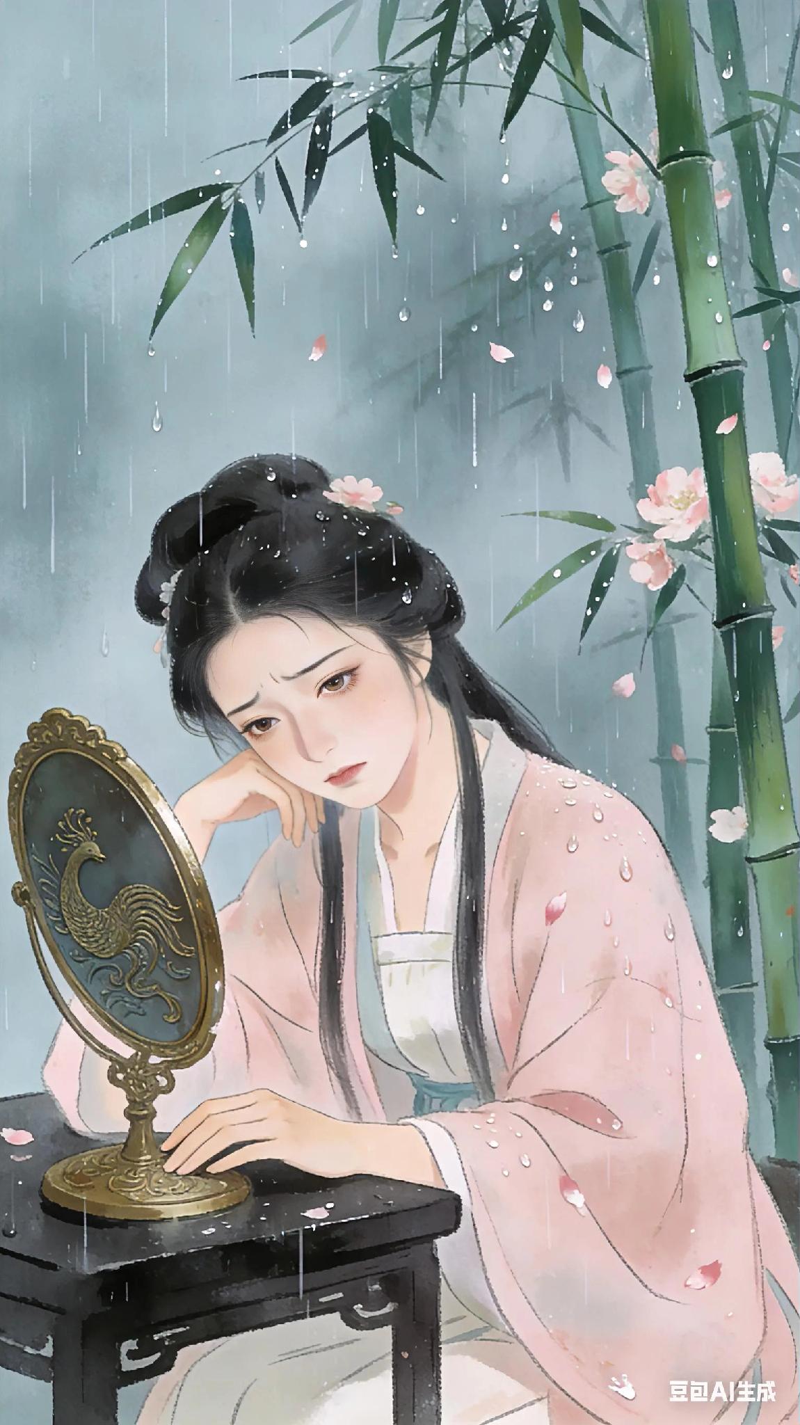 《越调》天净沙离愁、李致远。
敲风修竹珊珊，
润花小雨斑斑。
有恨心情懒懒。
一