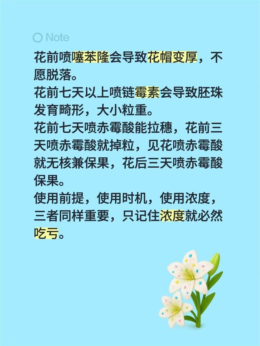 别乱用调节剂。花前喷噻苯隆会导致花帽变厚，不愿脱落。花前七天以上喷链霉素会导致胚