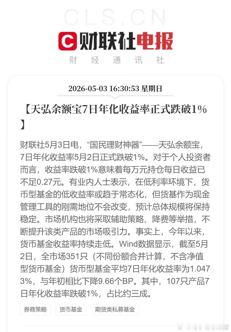天弘余额宝，7日年化收益率5月2日正式跌破1%。对于个人投资者而言，收益率跌破1