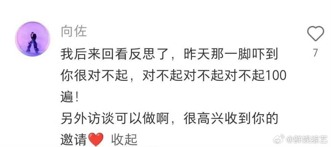 向佐给百克力道歉向佐致歉百克力 向佐道歉了 ，“我后来回看反思了，昨天那一脚吓到