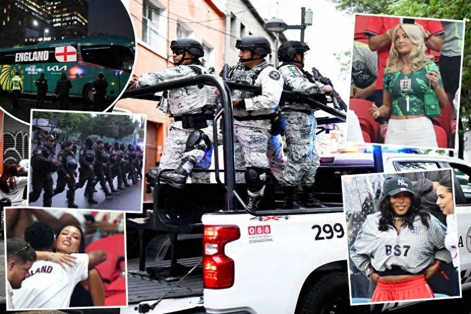 墨西哥警察在酒店外持盾演习，装甲SUV已经在门口等着了。英格兰太太团被警告：别戴