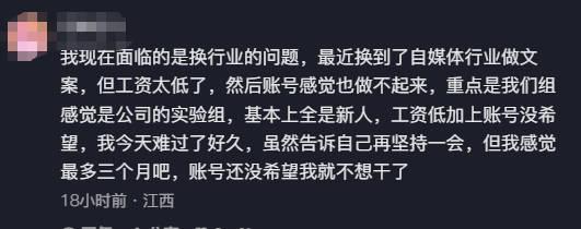 网友提问：目前在公司做媒体账号，我们组感觉是公司的实验组，基本上全是新人，工资低