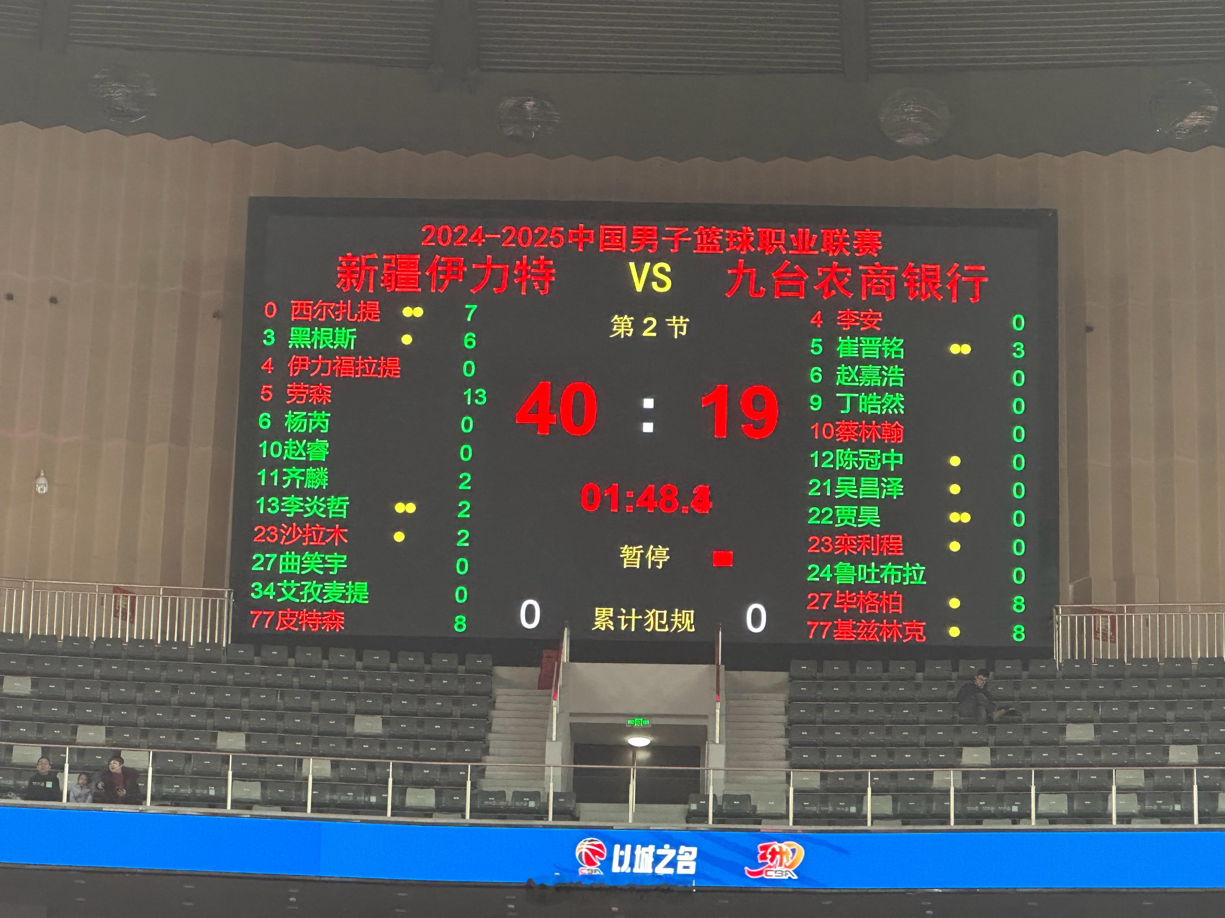 第一节结束，新疆 40-19 领先吉林。劳森13分，皮特森 8 分，西尔扎提 7