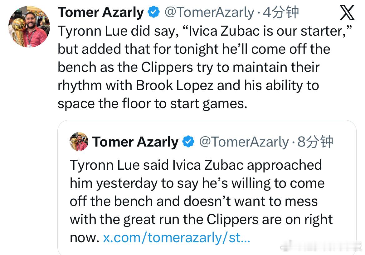 祖巴茨今日将替补出场，快船希望凭借洛佩兹的拉开空间的能力来保持比赛节奏。泰伦·卢