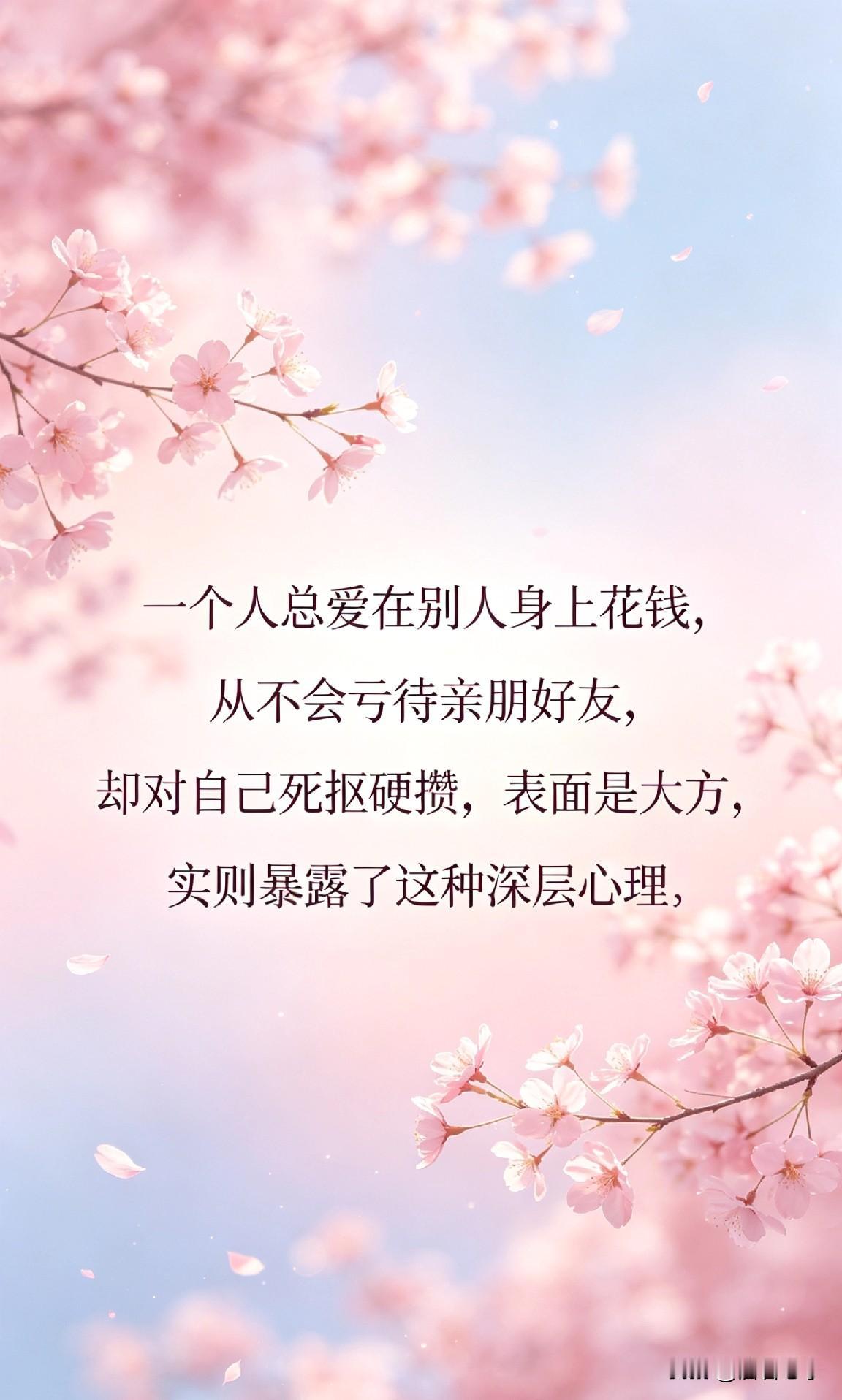 一个人总爱在别人身上花钱，从不会亏待亲朋好友，却对自己死抠硬攒，表面是大方，实则