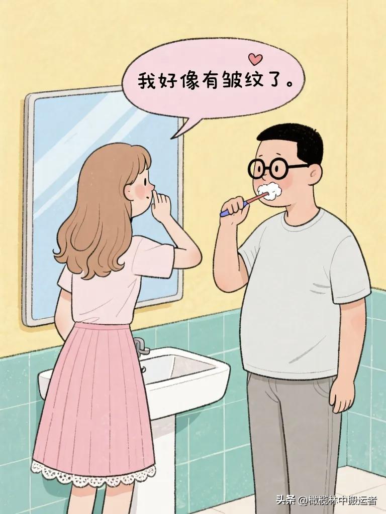 搞笑漫画：妻子照镜子丈夫在旁边刷牙。 妻子：我好像有皱纹了。丈夫：在哪？"妻子：