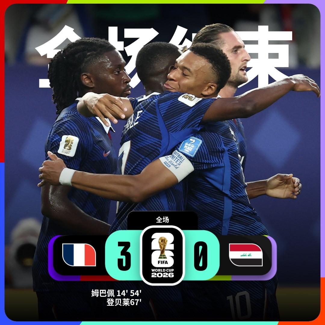 世界杯小组赛：法国 3-0 伊拉克

法国队球员姆巴佩梅开二度 登贝莱破门