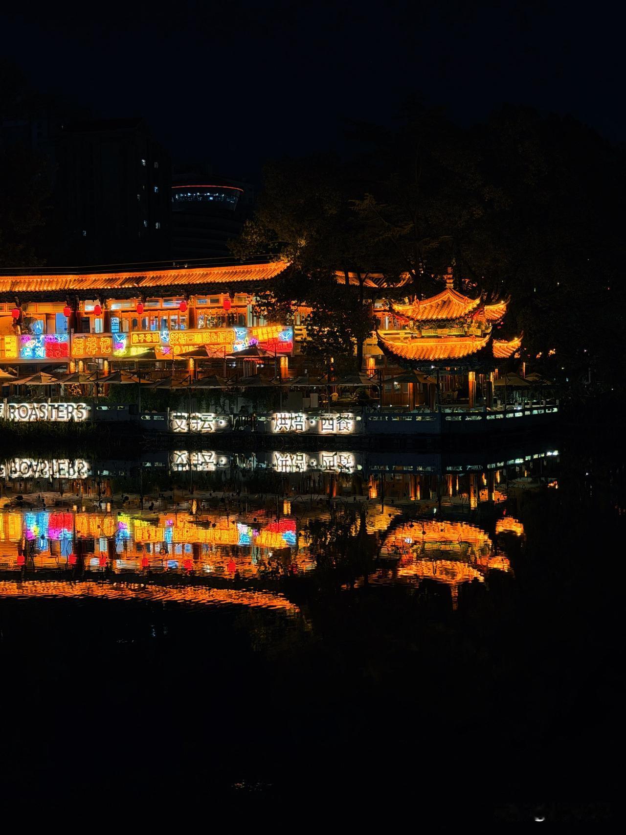 夜游翠湖，邂逅别样景致。灯影于水面涟漪间荡漾，搅碎一湖流光。
郁金香静立于岸旁，