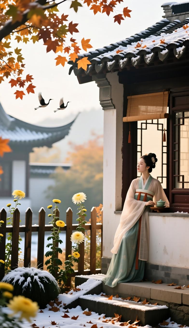 唐多令·浅秋
 
疏叶坠阶凉，西风拂短墙。渐消残暑换新霜。
篱畔菊芽初破蕊，云淡