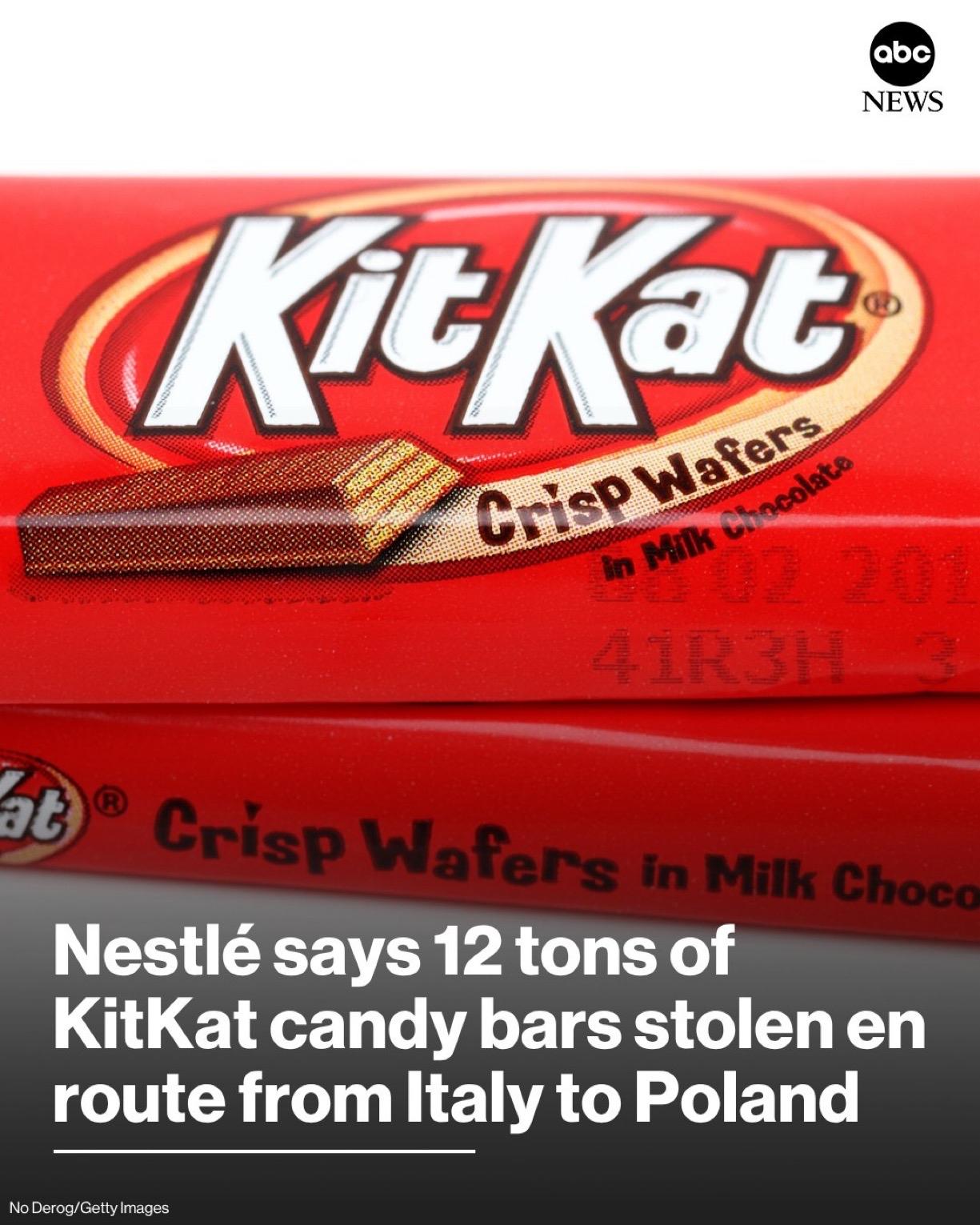 瑞士食品巨头雀巢公司表示，本周早些时候，约12吨（相当于413793条）KitK