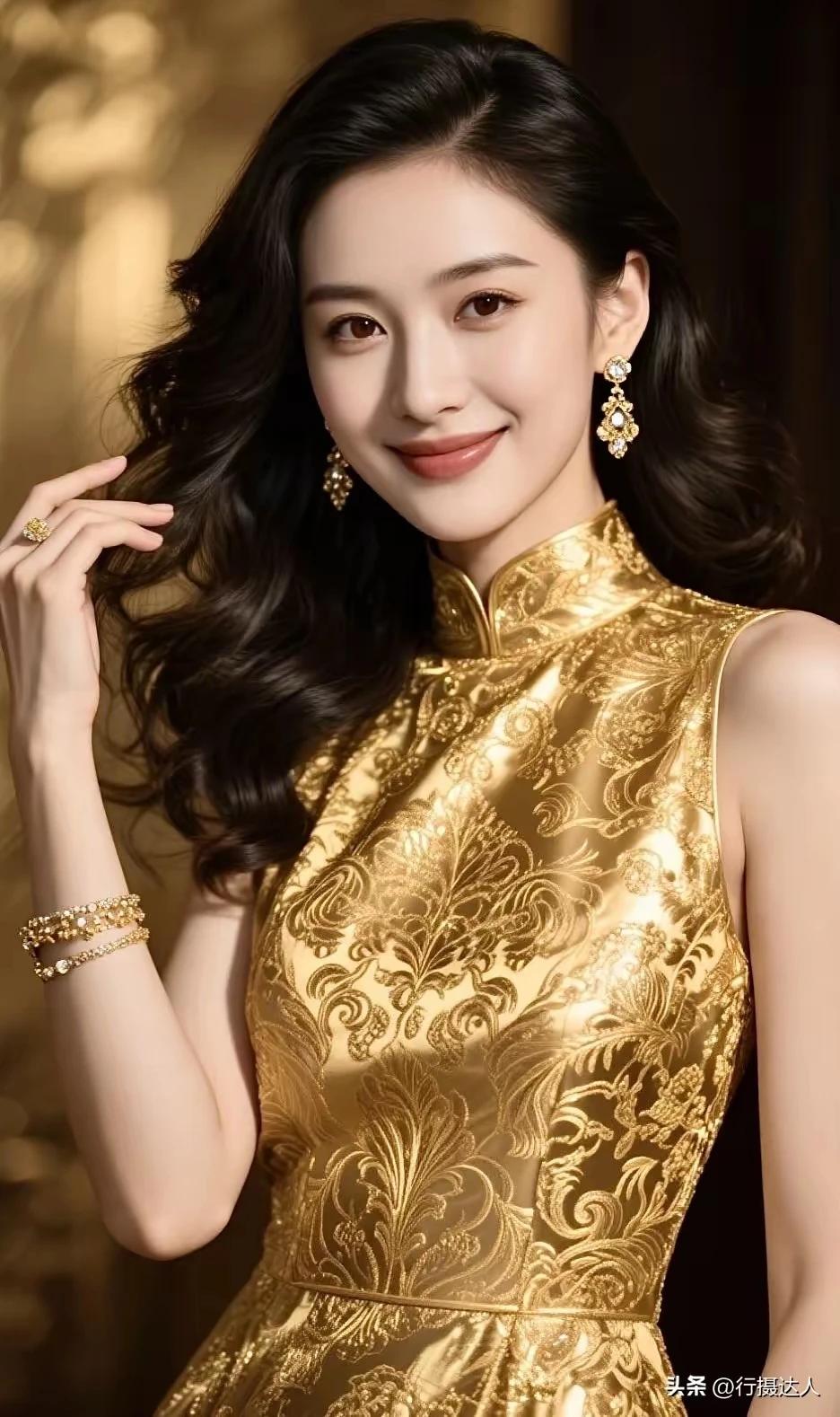 旗袍雅韵衬娇容，
金碧辉煌显风情。
旗袍佳丽，雍容华贵。
千种风情，万种妩媚。