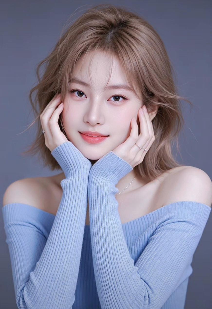 温柔甜美的少女，浅蓝色毛衣，自然妆容，清新可爱。