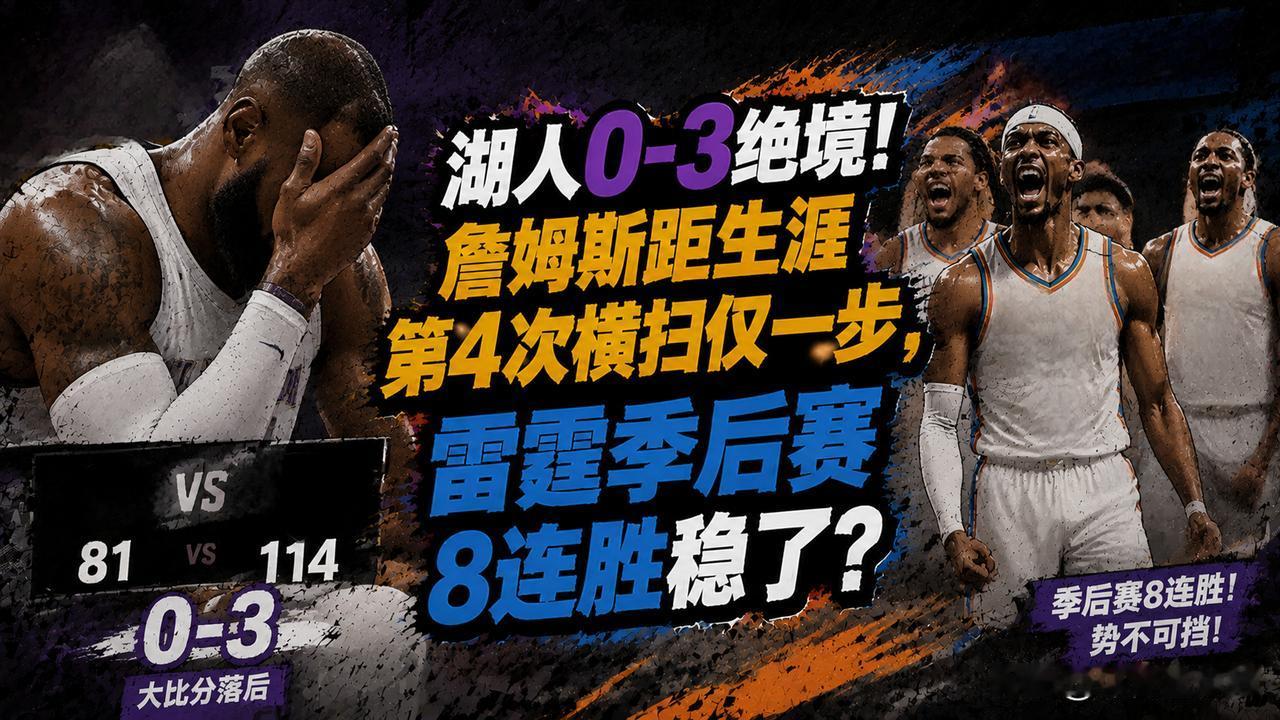 湖人队0-3陷绝境！詹姆斯距生涯第4次横扫仅一败，雷霆队季后赛8连胜真的稳了？相