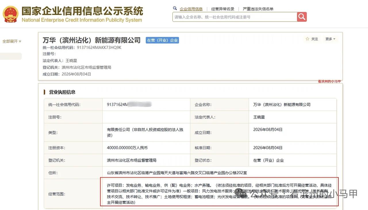 万华加码滨州！4家子公司落地布局新能源电池产业
 
近日，万华化学接连在山东滨州