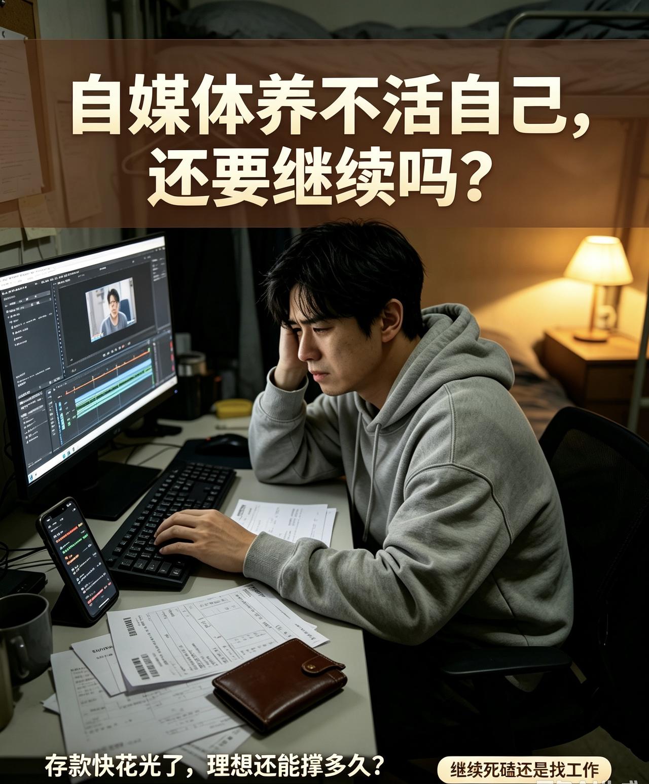 失业裸辞做自媒体，存款快耗尽还不赚钱！死磕理想还是低头进厂？全网吵翻


没工作