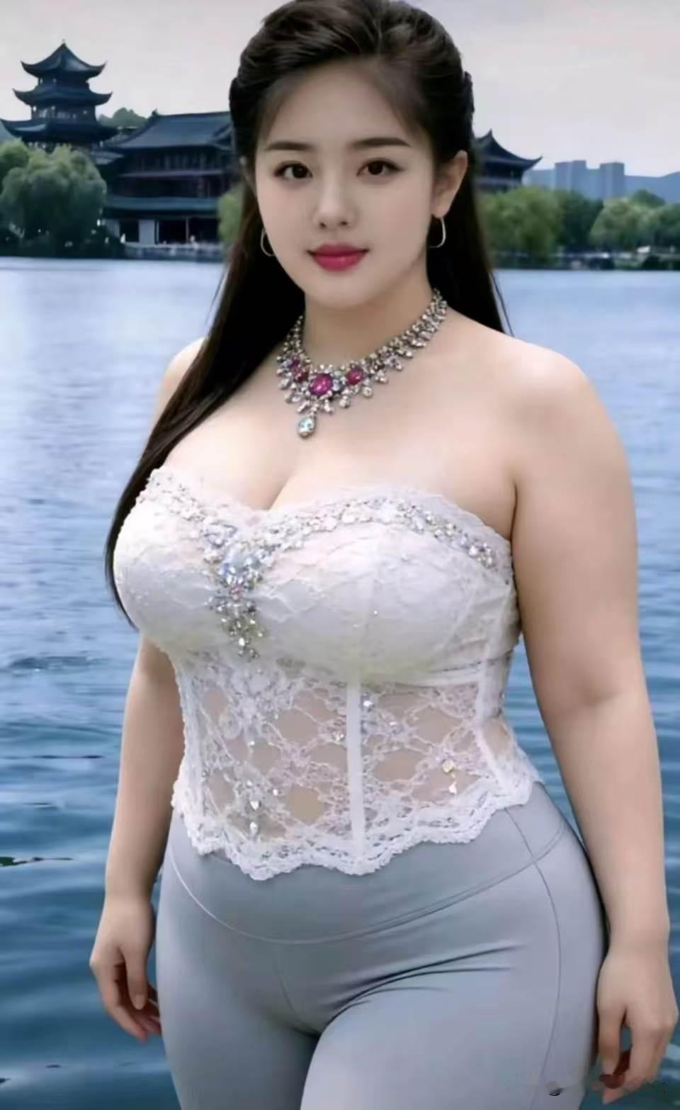 点绛唇·湖亭丽影
 
碧水亭边，青丝漫拂柔肩俏。
蕾丝轻袅，宝饰凝光耀。
眉目含