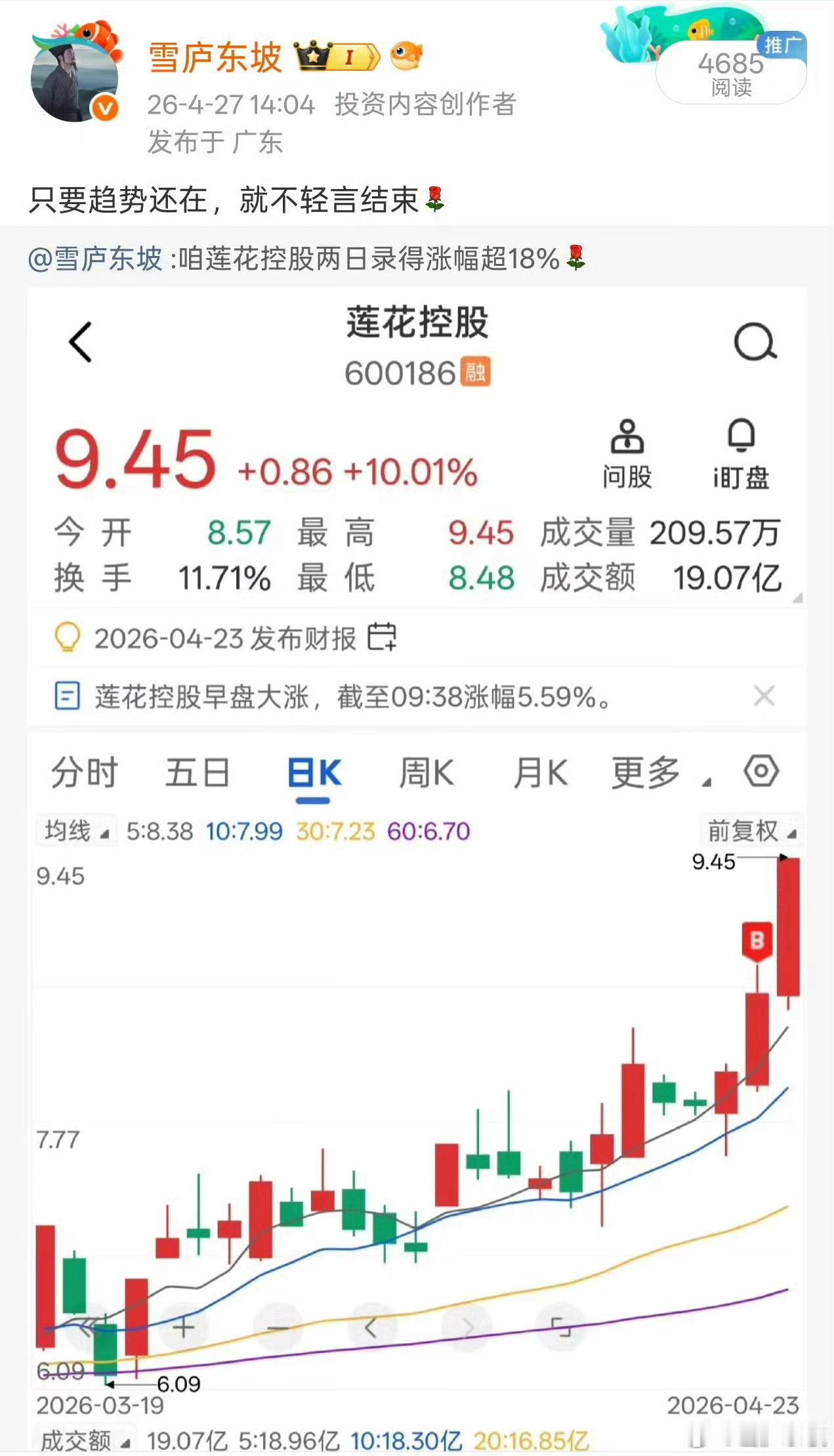 莲花控股，今天再创历史新高，前天东哥就说了，只要趋势还在，就不需要不轻言结束，今