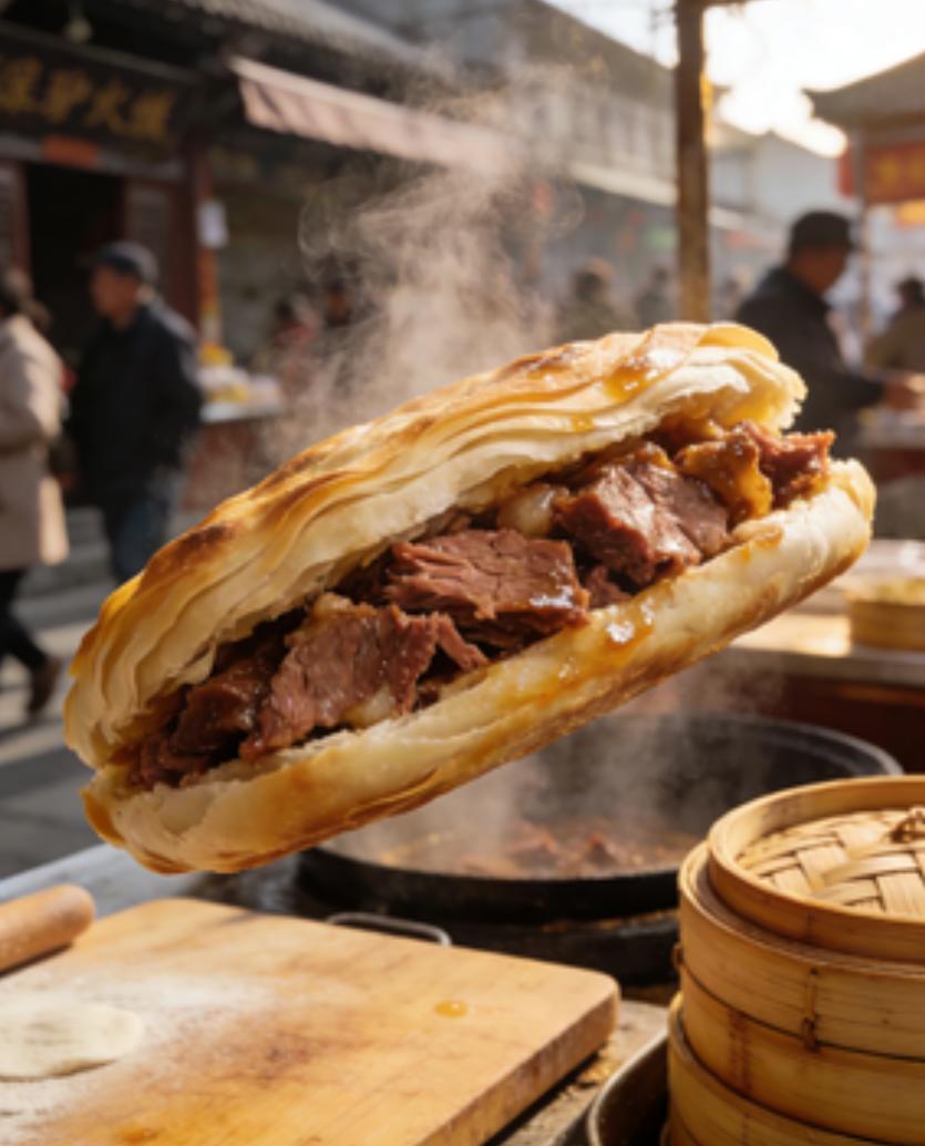 驴肉火烧：保定的“城市名片”，外酥里嫩的火烧夹上肥瘦相间的卤驴肉，浇一勺热汤提鲜