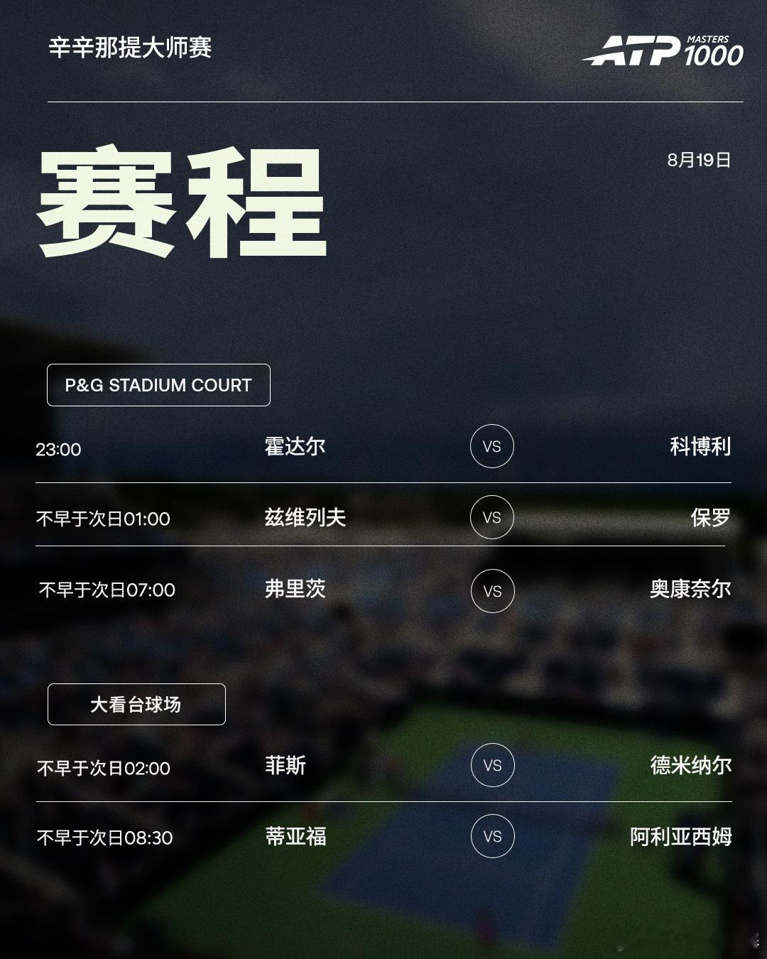 ATP1000 辛辛那提大师赛第七日赛程如下，均为北京时间📅📍美国·辛辛那提