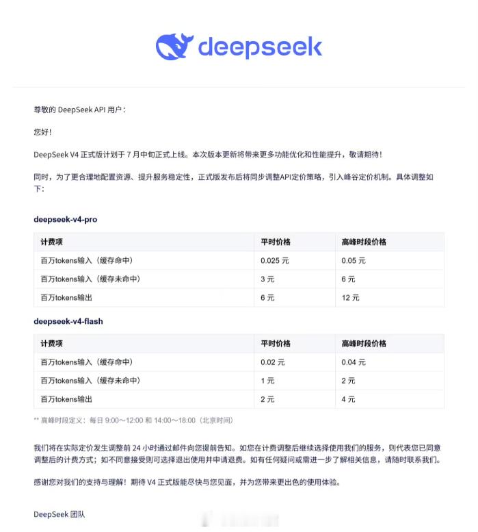 DeepSeekV4定价【DeepSeekV4正式版官宣7月上线，引入峰谷定价机