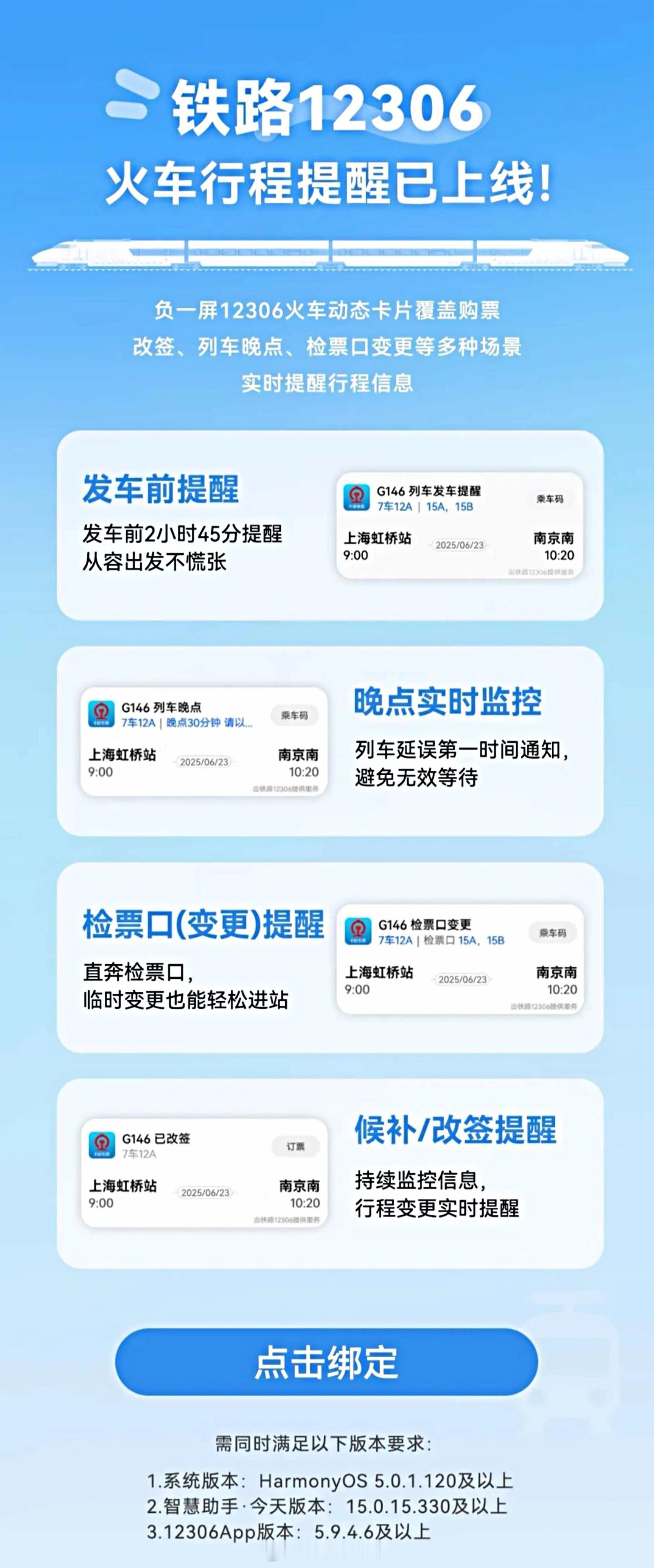 鸿蒙系统铁路12306火车行程提醒已上线，实现发车前提醒、晚点实时监控、检票口变
