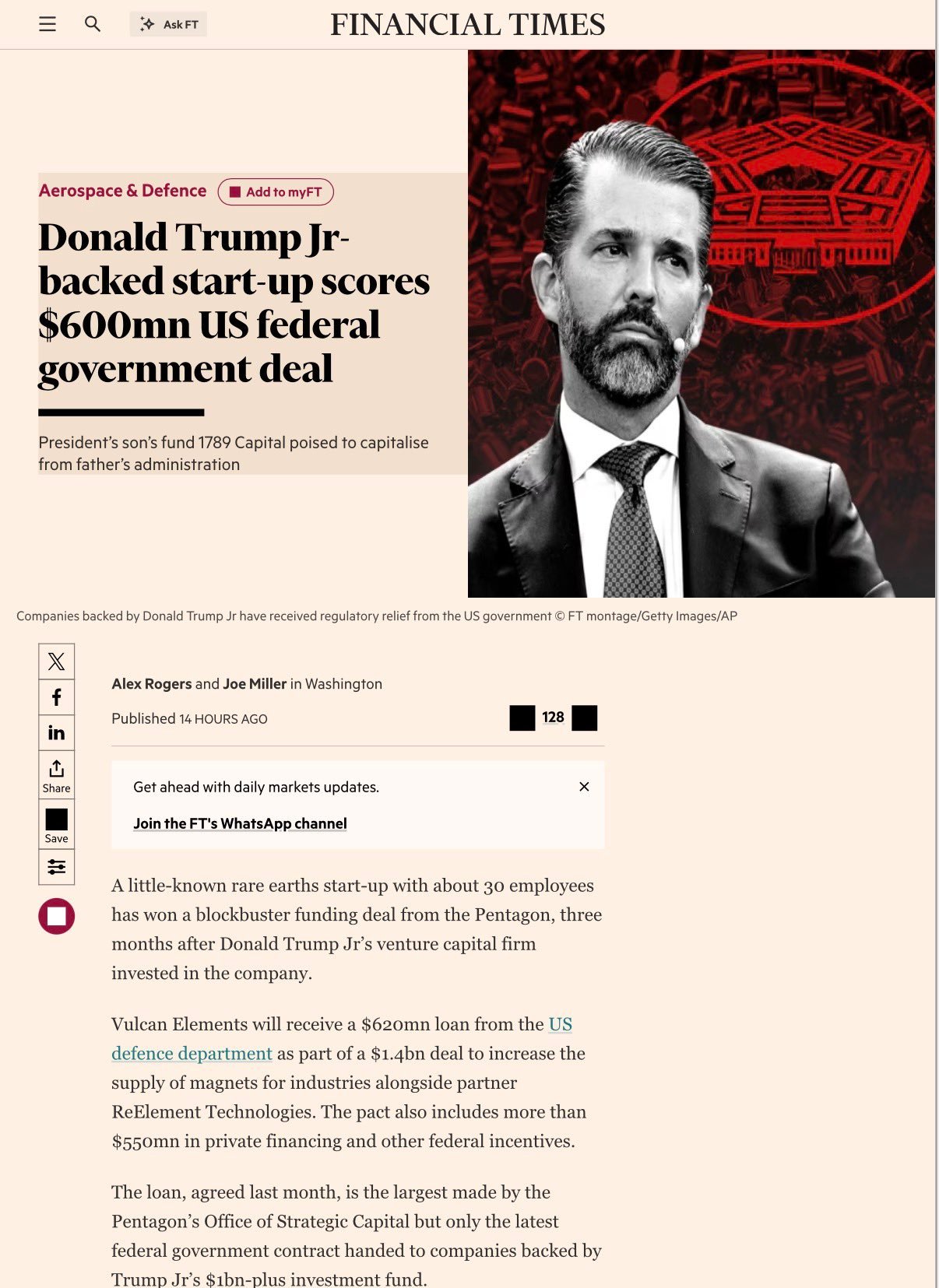 一家鲜为人知的稀土初创公司，拥有约 30 名员工，在小特朗普的风险投资公司投资该