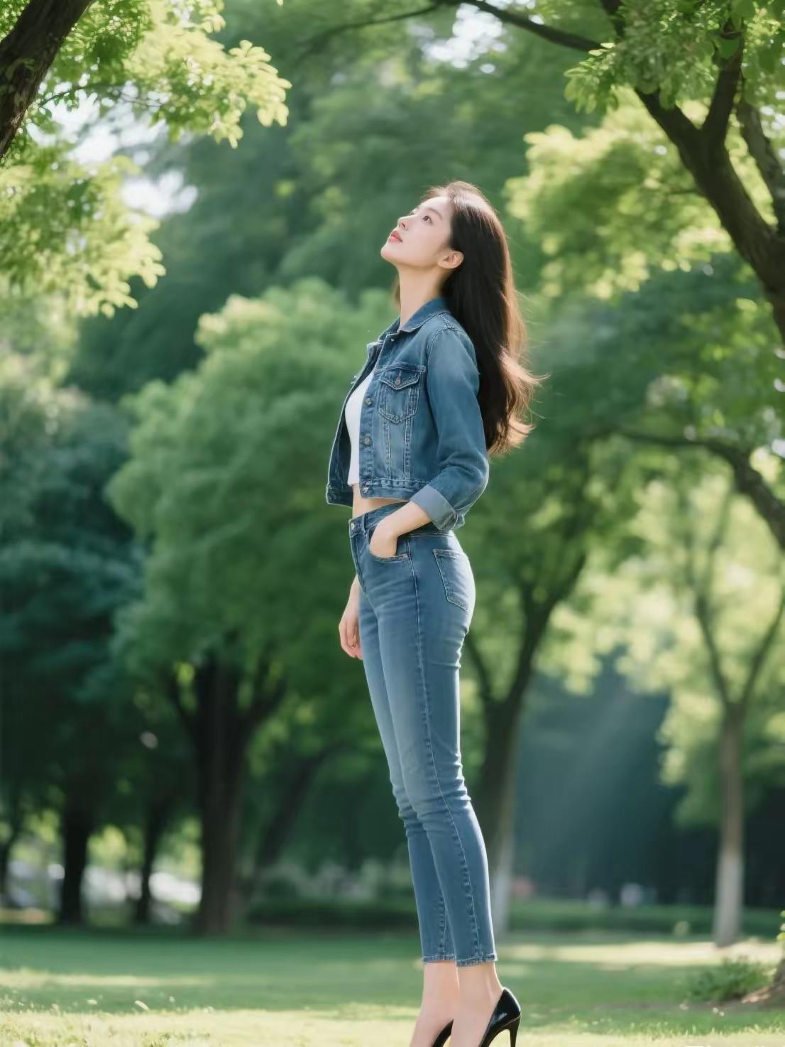 阳光洒落，微风轻拂，少女在绿意盎然的公园中，享受宁静与美好。