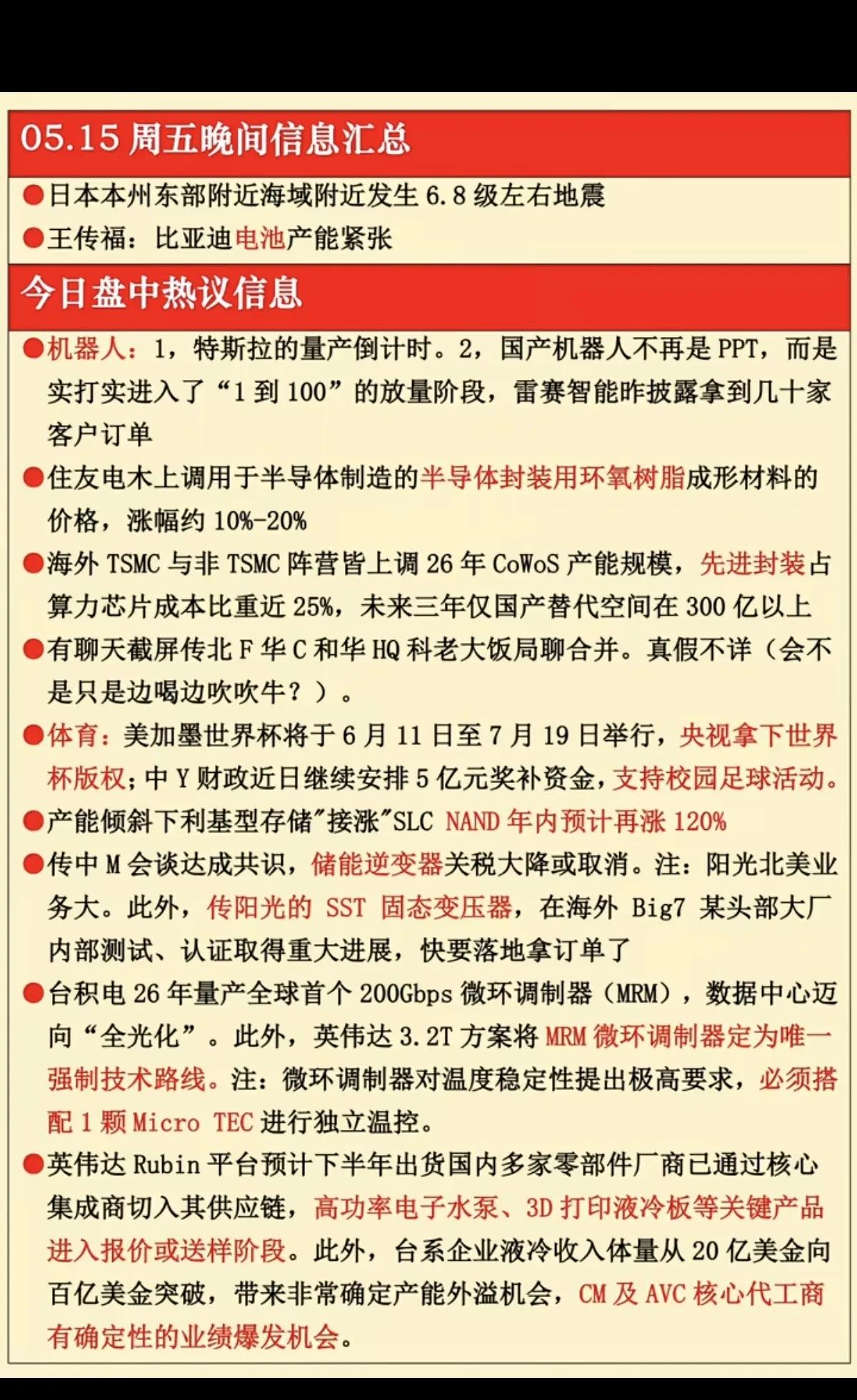5月15日晚间重磅资讯汇总：科技主线再迎催化，多赛道利好密集落地
 
周五晚间市