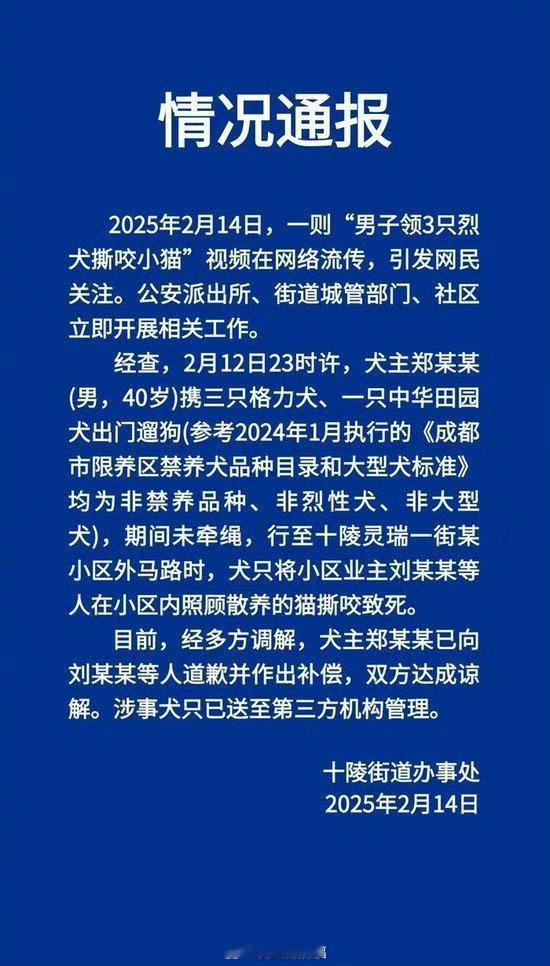 【 当地通报男子领3只烈犬撕咬小猫 [怒]】成都龙泉驿区十陵街道办事处通报，2月