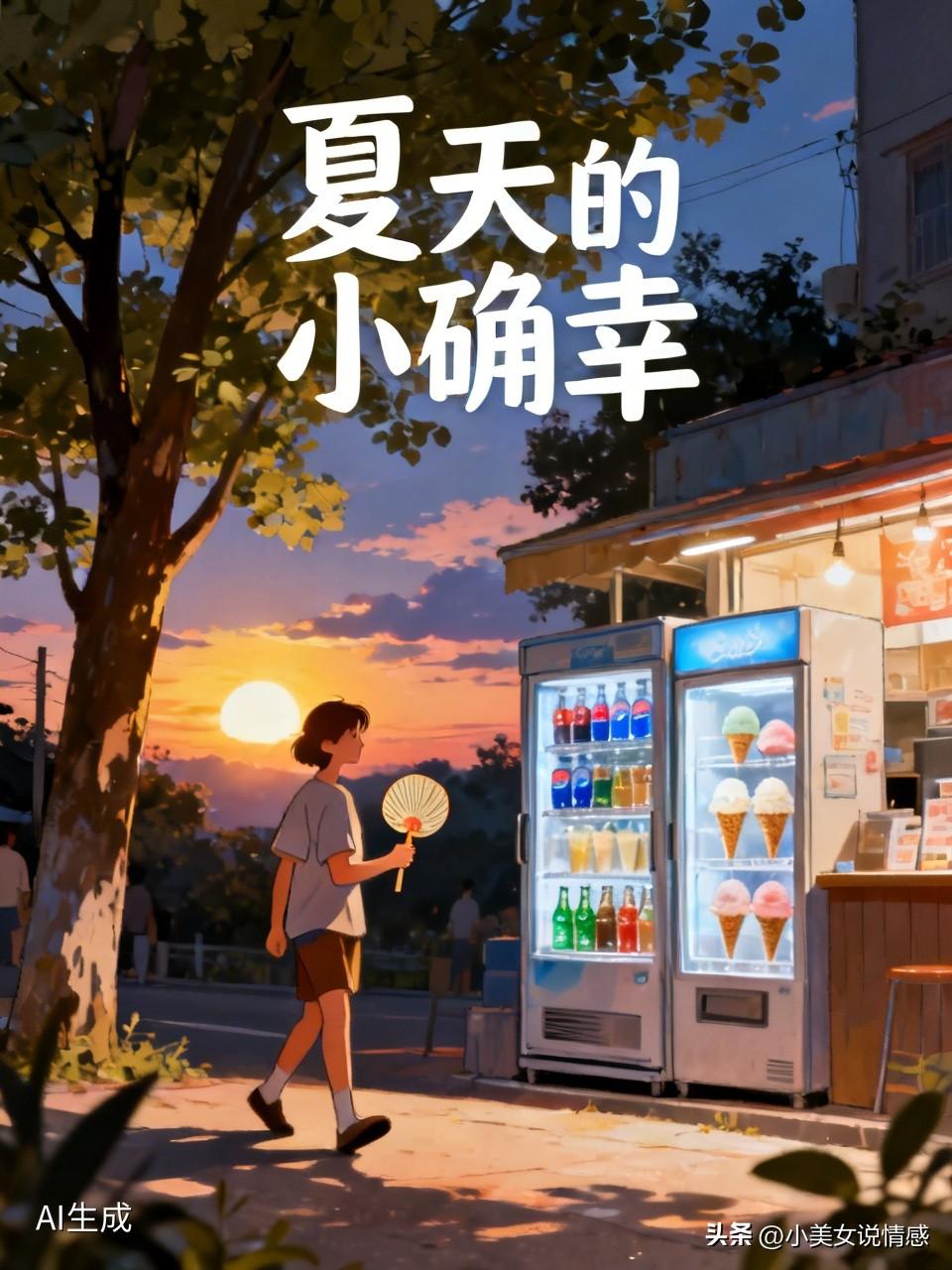 街边的树叶长得郁郁葱葱，阳光透过枝叶洒下来，在地面铺出斑驳的光影。冷饮店的冰柜摆