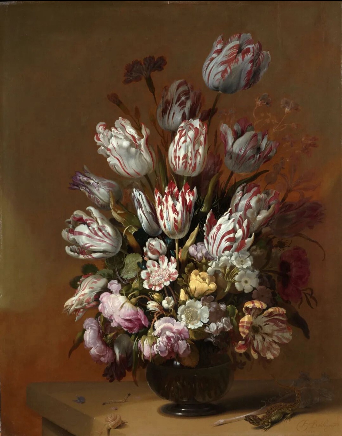 Hans Bollongier《花瓶中的郁金香》画里大量红白条纹的“碎色郁金香”
