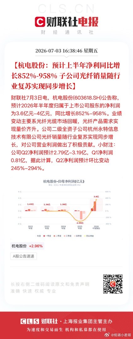 【杭电股份：预计上半年净利同比增长852%-958% 子公司光纤销量随行业复苏实