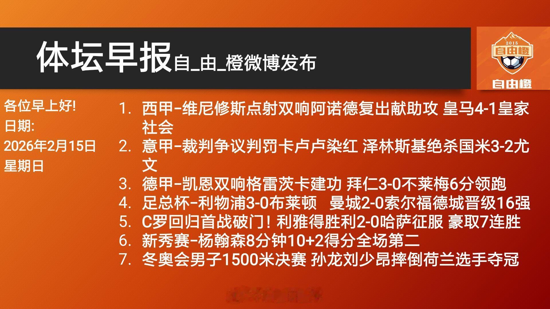 早上好！自由橙每日橙语每日橙语体坛早报