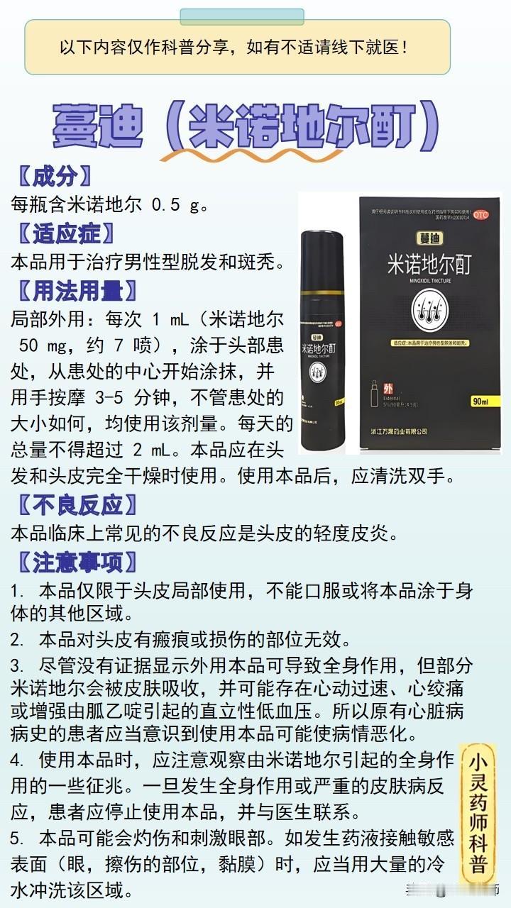 【成分】
每瓶含米诺地尔 0.5 g。
【适应症】
本品用于治疗男性型脱发和斑秃