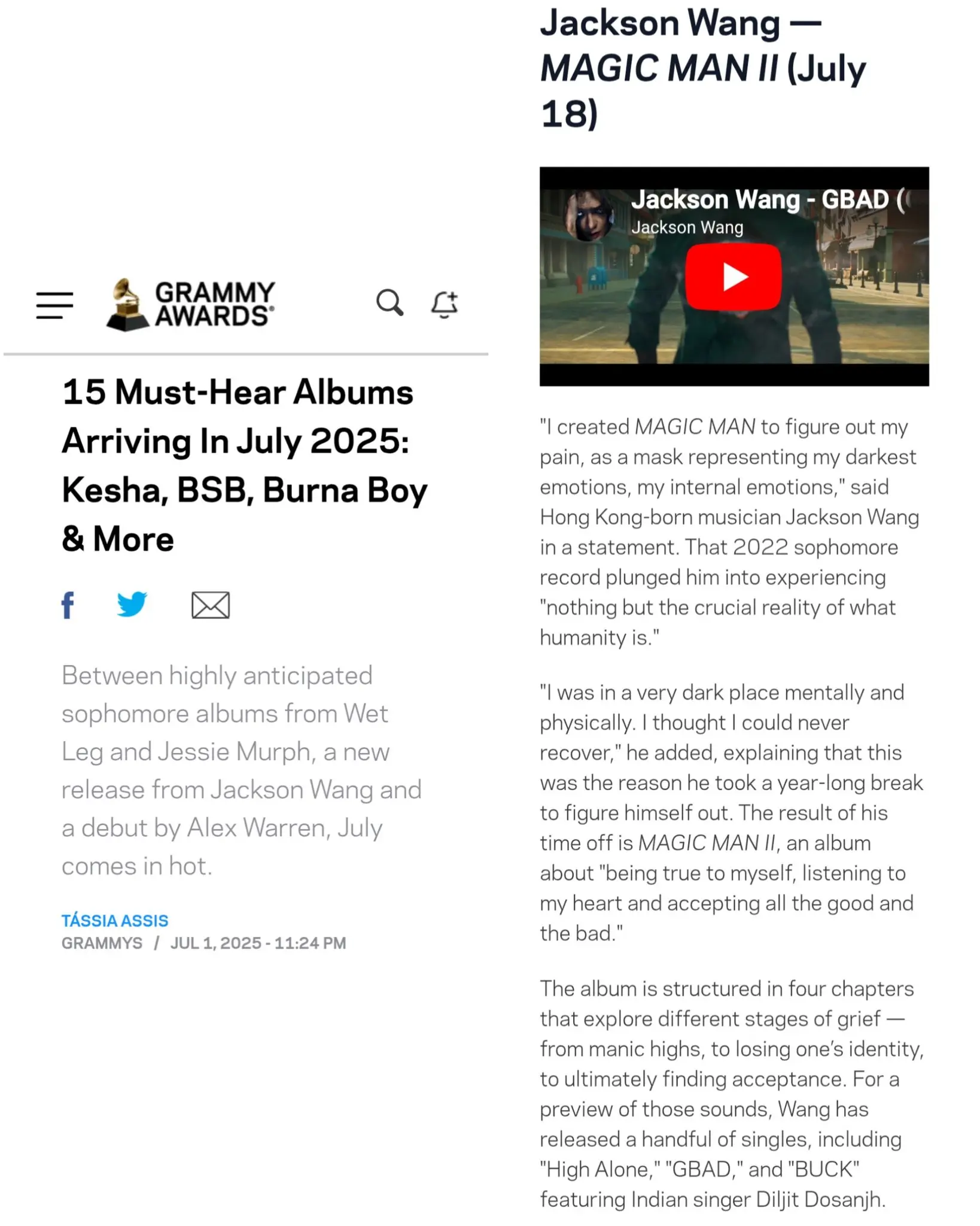 格莱美将王嘉尔MM2列为7月必听专辑之一。