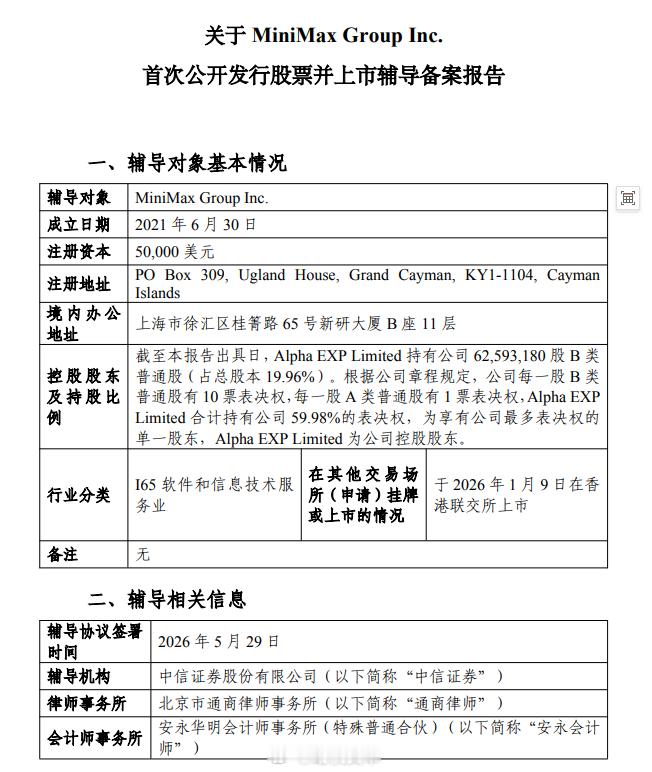 MiniMax启动A股上市辅导5月30日消息，MiniMax于5月29日同中信证