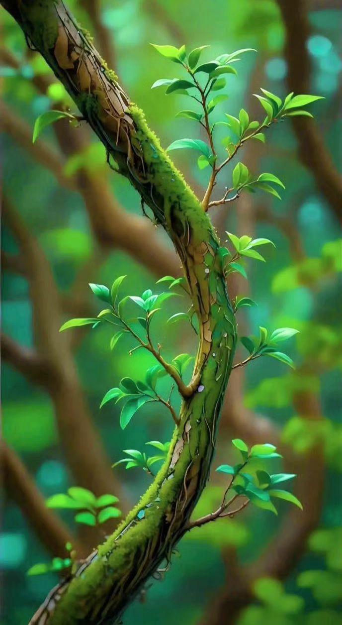 🌿老树裹着青苔写诗，新叶踮脚偷听🌱
弯曲是时光的懒腰，裂痕藏着春的密码✨