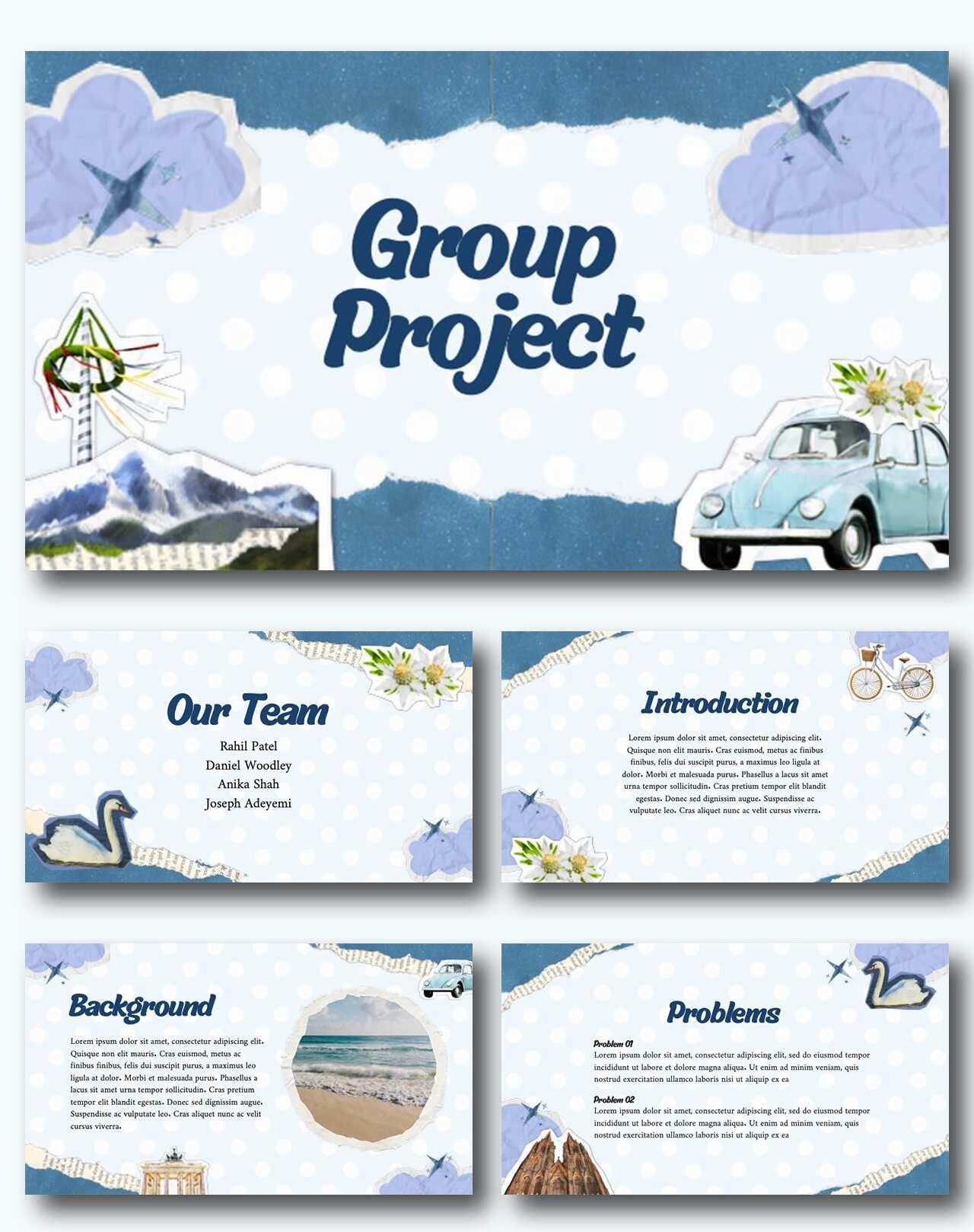 💙蓝白波点创意拼贴风小组汇报PPT模板(207)
💙页数:12页
PPT模板
