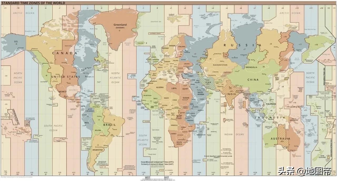 世界时区图，除了我国，各主要大国基本都跨时区[看][看][看]