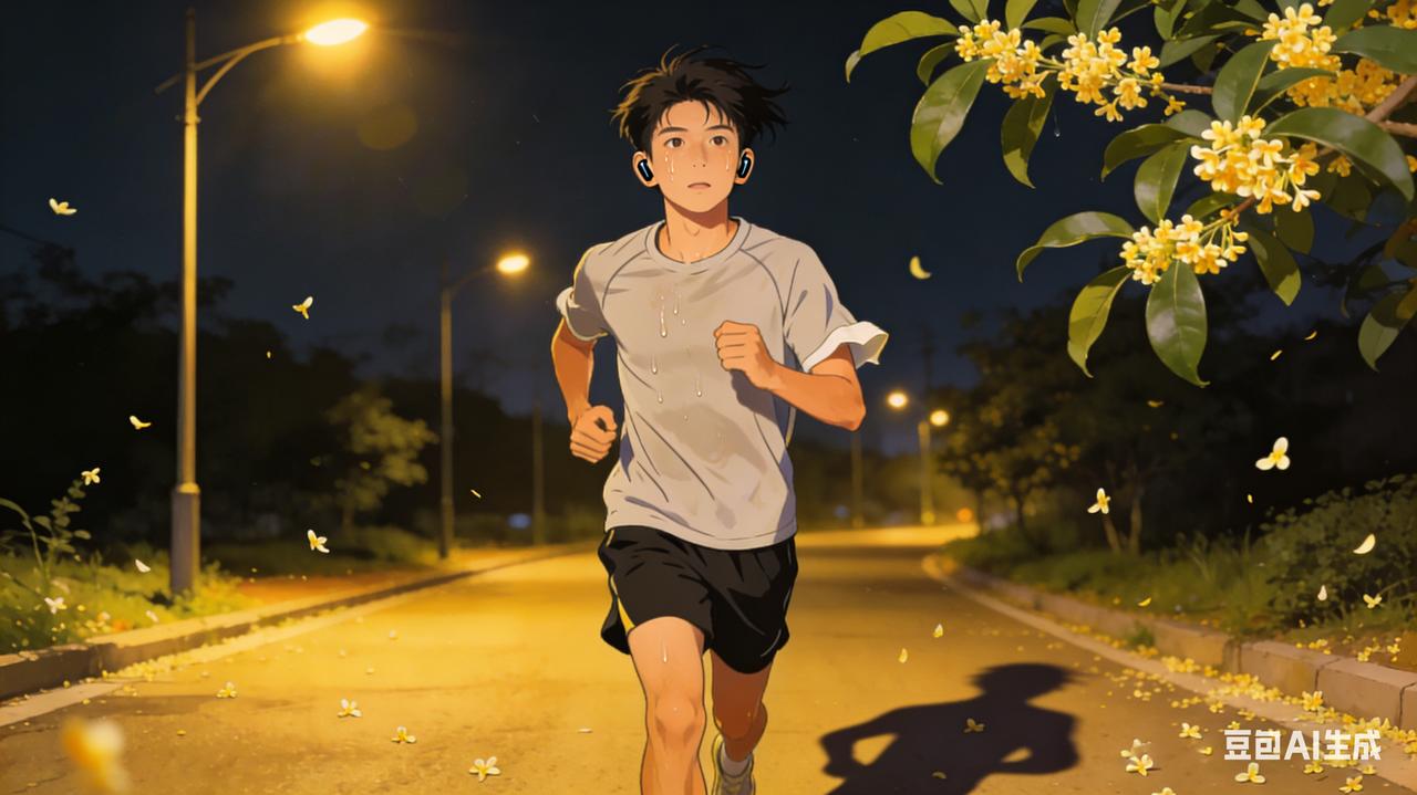 昨晚跑步6公里，晚风很和煦。

耳机里的歌刚好放到副歌时，路灯把影子拉得很长。汗