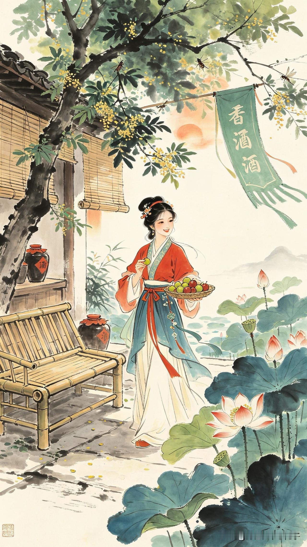 蝉噪新槐午梦长，
荷风暗度竹方床。
吴姬唤客尝梅子，
       
…………请