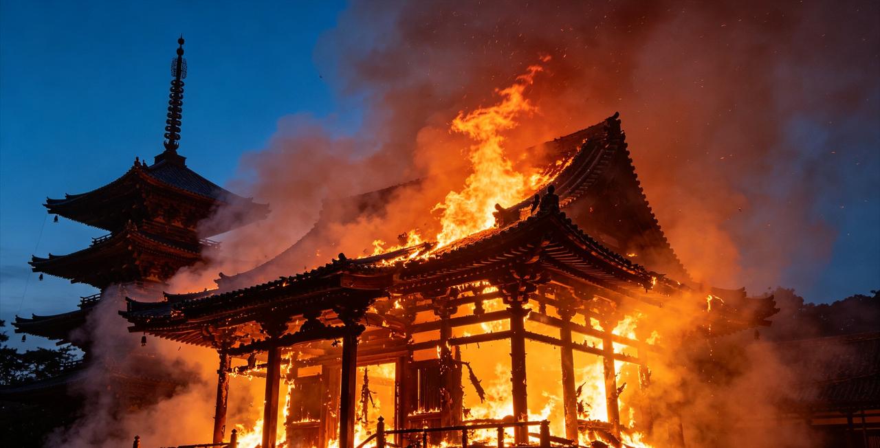 [浮云]深夜一把火，日本570年古寺8小时直接化为灰烬！

5月16日傍晚，日本