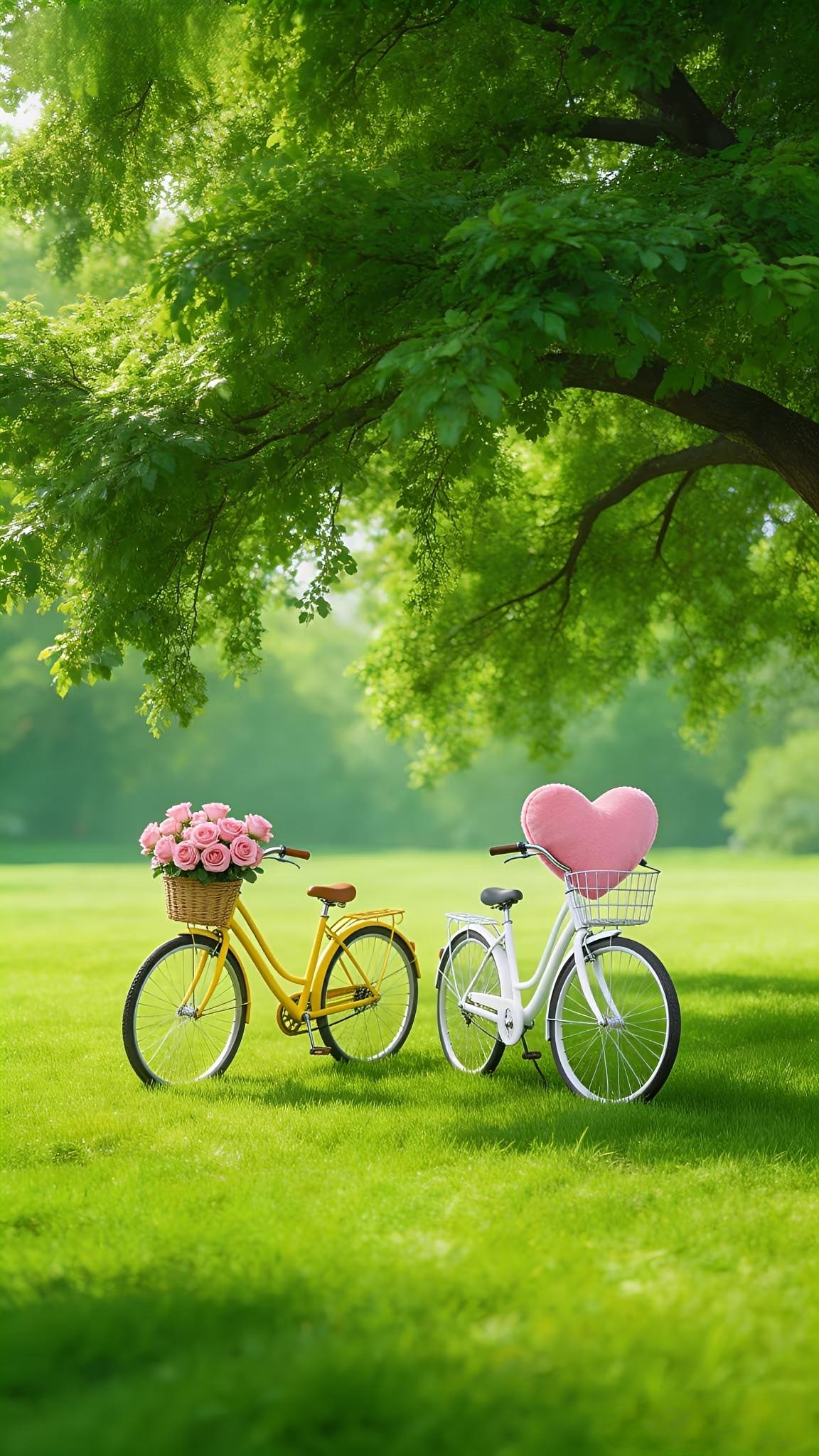 我攒了满筐的温柔，想和你一起骑向春天的尽头。粉玫瑰沾着晨露，车轮碾过草香，风掠过