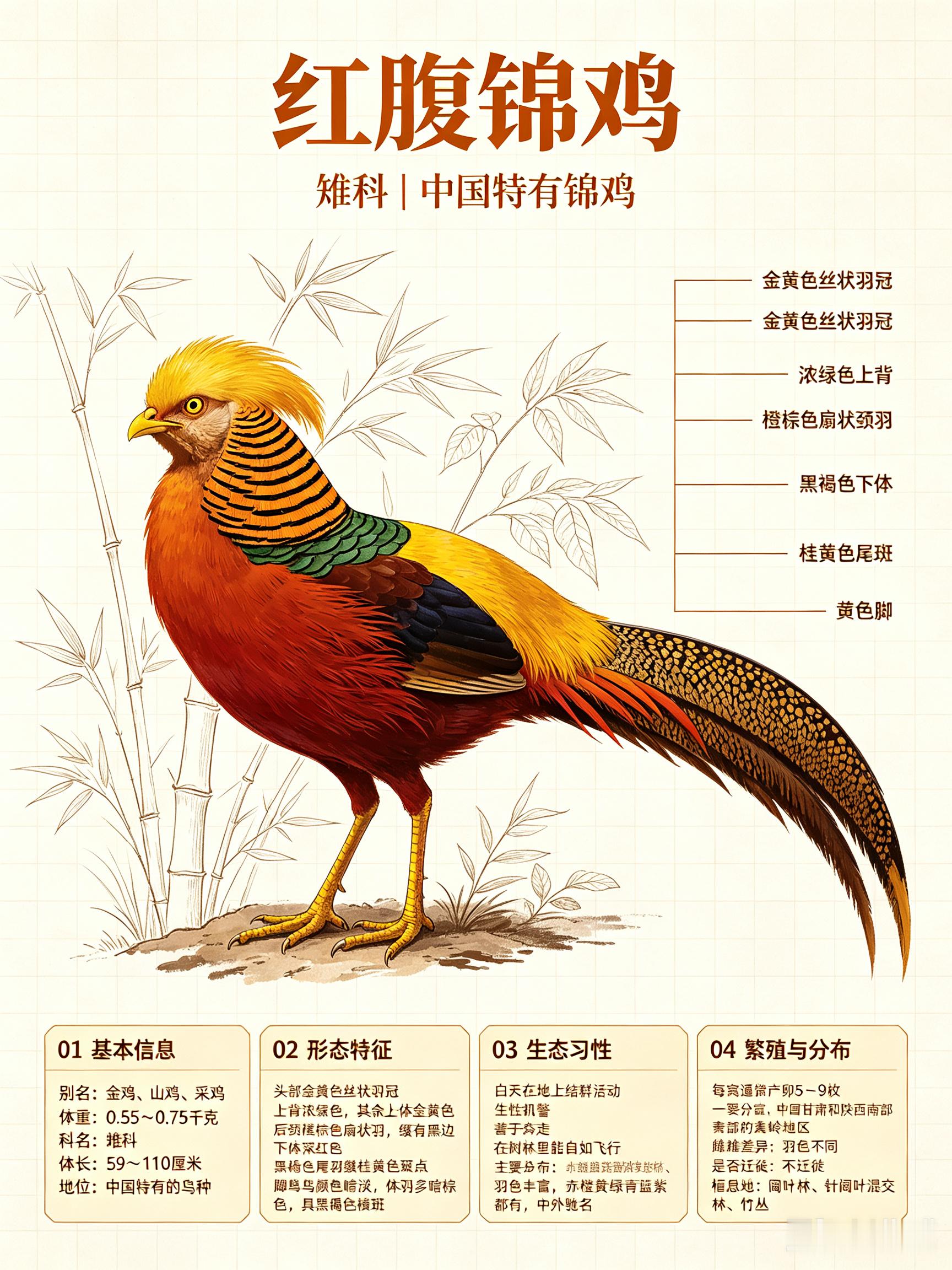 鸟类朋友图鉴 红腹锦鸡科名：雉科体重：0.55～0.75千克别名：金鸡、山鸡、采
