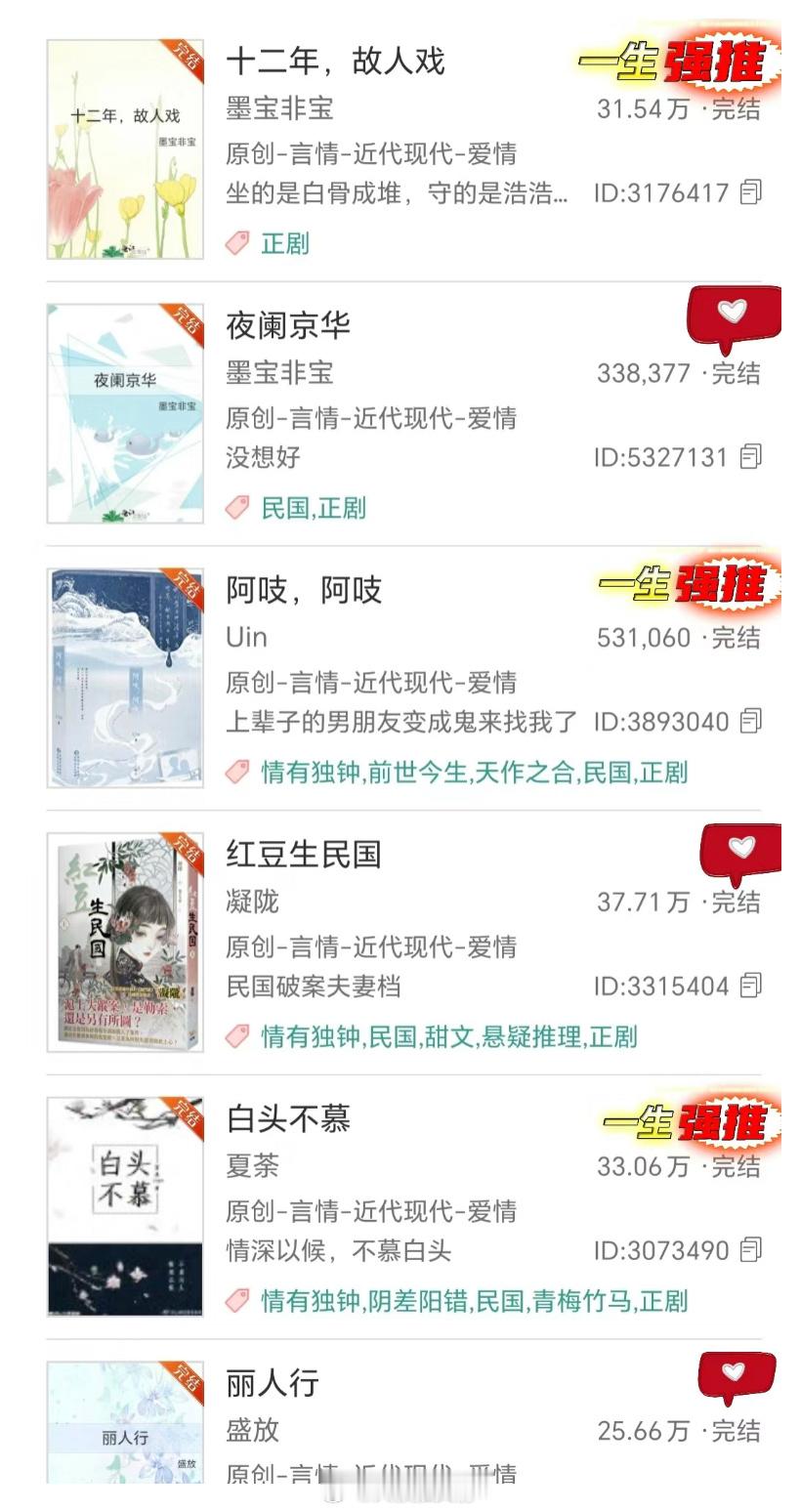 这些都是巨好看的民国言情小说，每本都是经典，值得熬夜看的那种，没看过的姐妹答应我