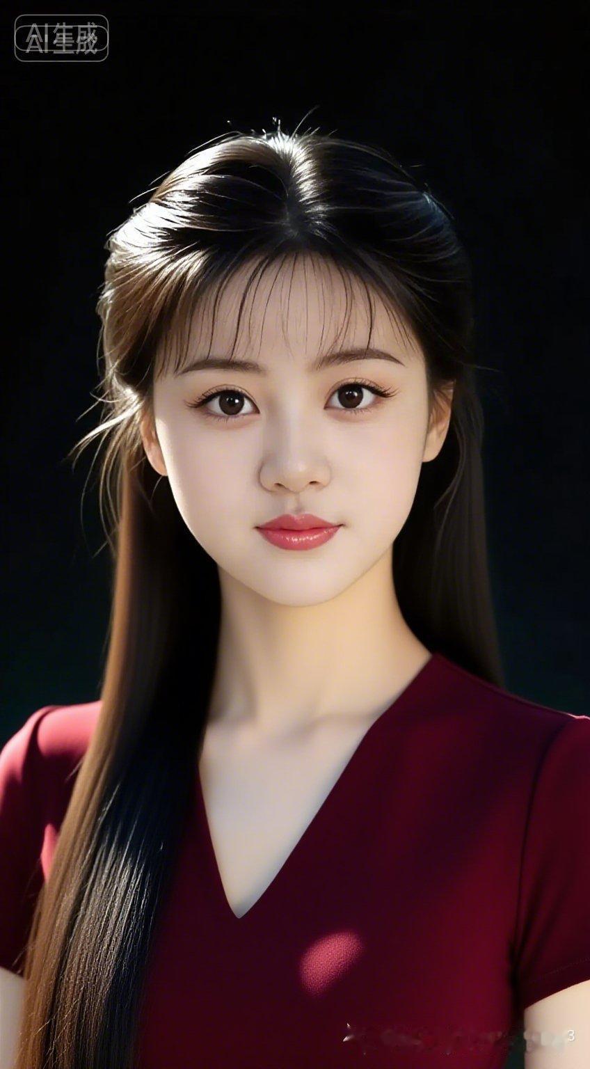 真人写真绝色亚裔佳人，紧身酒红V领上衣，长直发，柔和光线衬边缘光与美阴影，注视镜