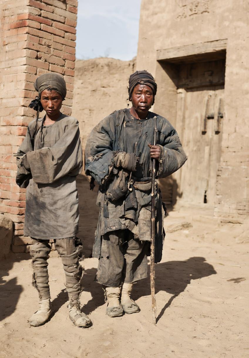 晚清同光年间，乞讨的母女衣服的油污厚重，补丁摞着补丁，鞋子露着脚趾，绑腿松散得挂