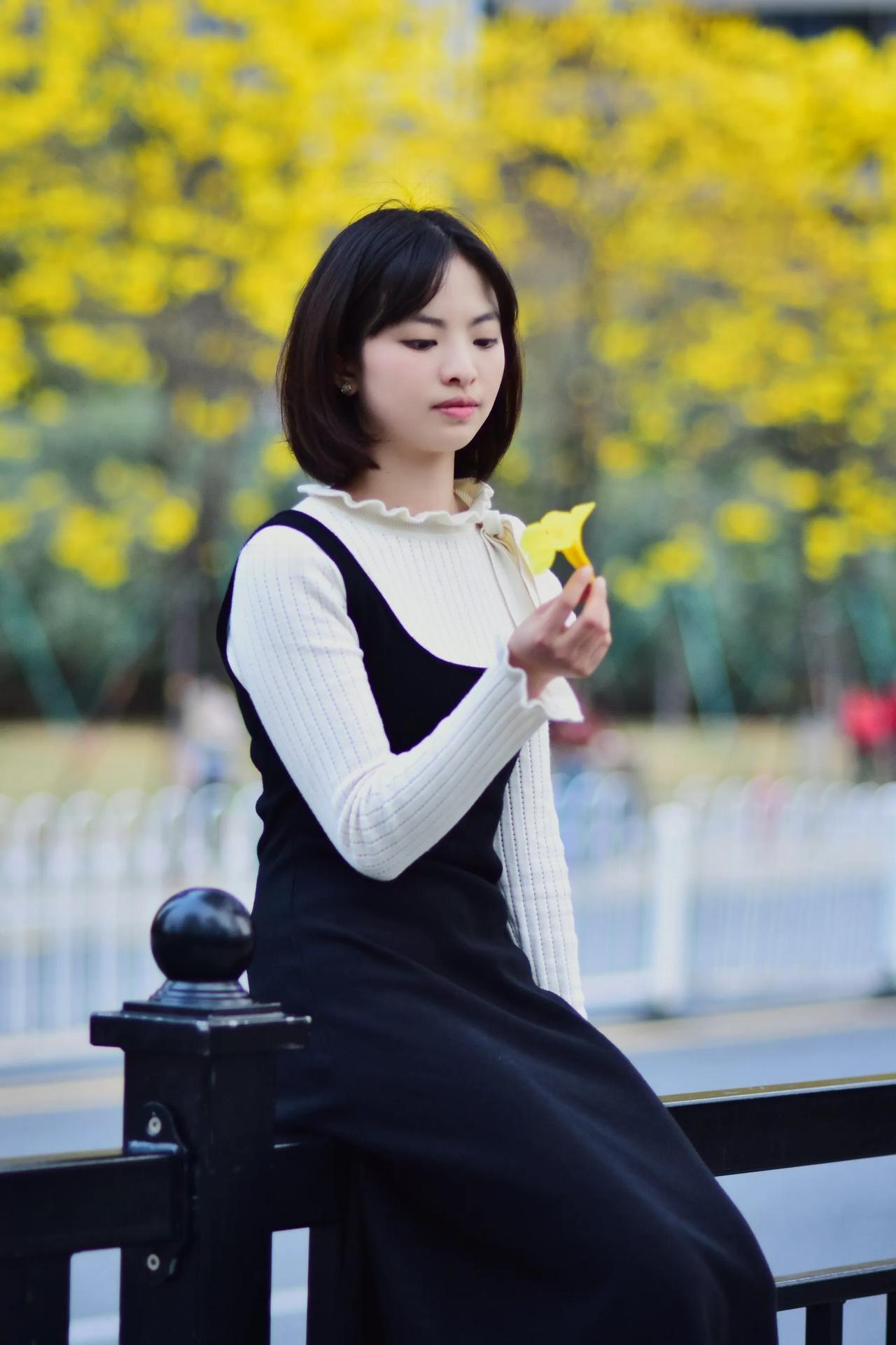 春日午后，手捧黄色花瓣，享受片刻宁静。美女配秋景 秋景中的美女 美女秋照 美女与