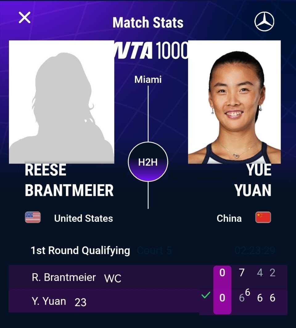 #袁悦2比1布兰特迈尔# WTA1000迈阿密站资格赛，6-7(6)、6-4、6